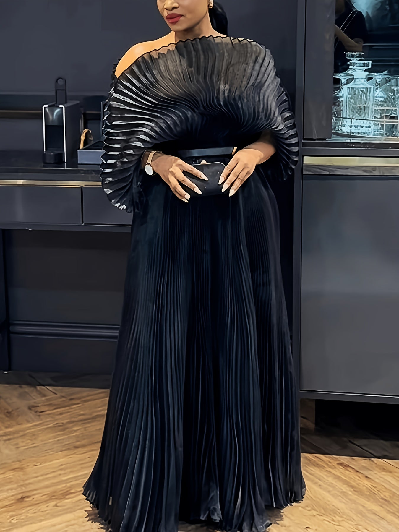 Black Stretchy Maternity Waist Pleated Maxi Dress - Elegant Long Sleeve Mesh Formal Gown with Ruching Detail, Nigerian Wedding Guest Dress for Photoshoots, Birthday Parties & African Events, All-Season Women's Fashion, Formal